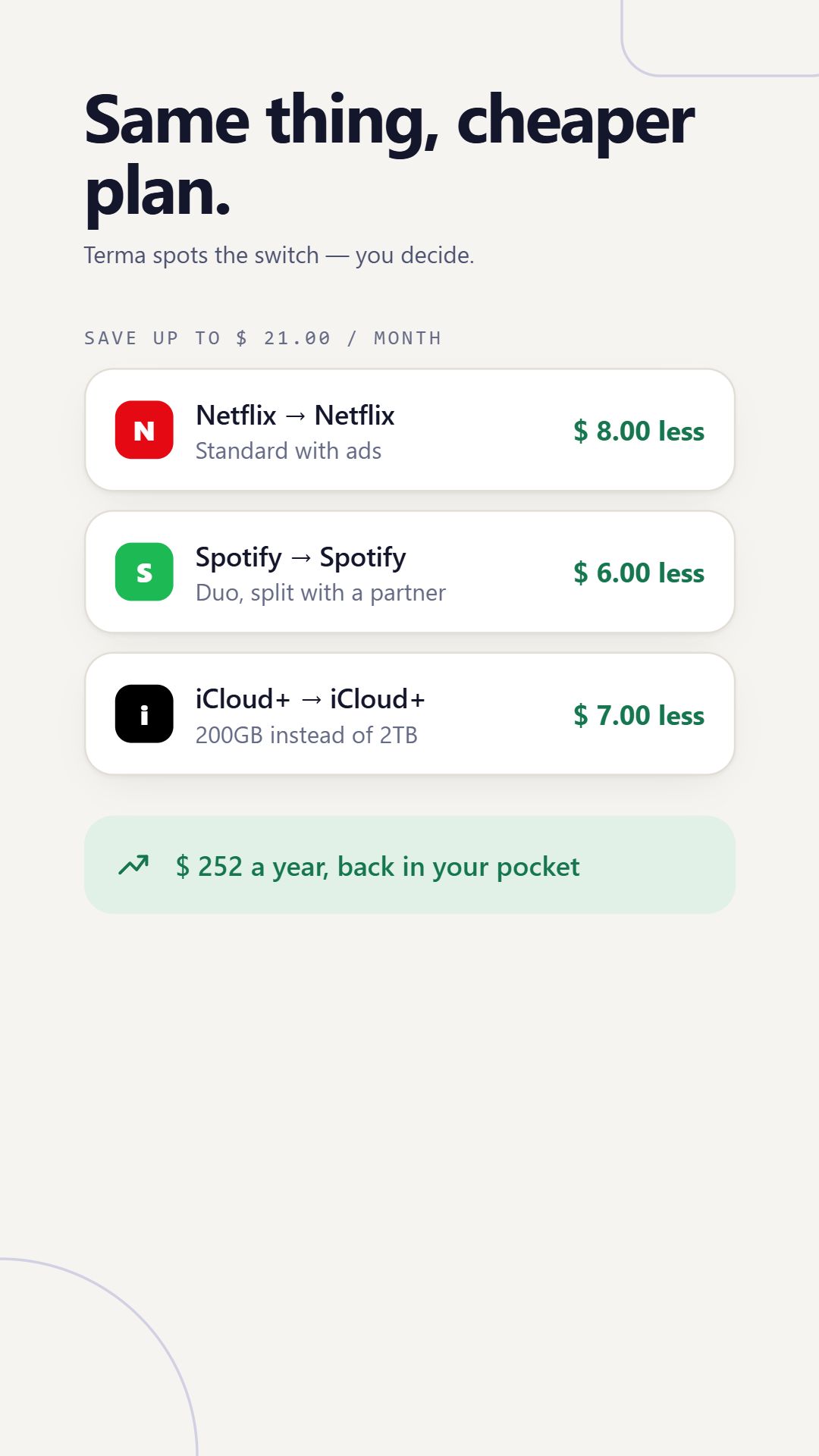 terma suggesting cheaper equivalent plans for Netflix, Spotify, and iCloud, with the savings shown